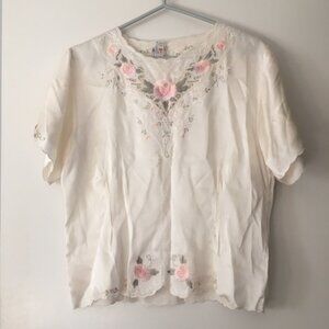 Exquisite Vintage Hand Embroidered Pink Roses Pure Silk Blouse